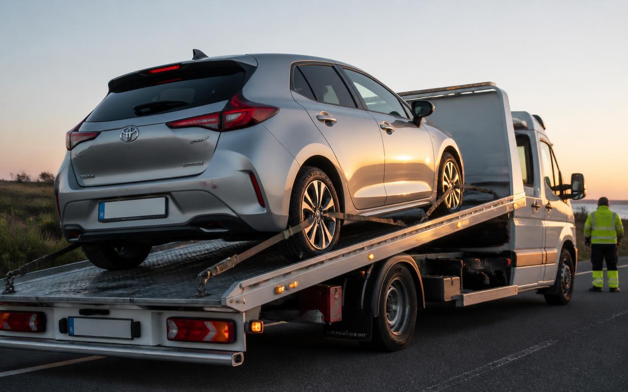 Car secured on a KS Vehicle Recovery flatbed