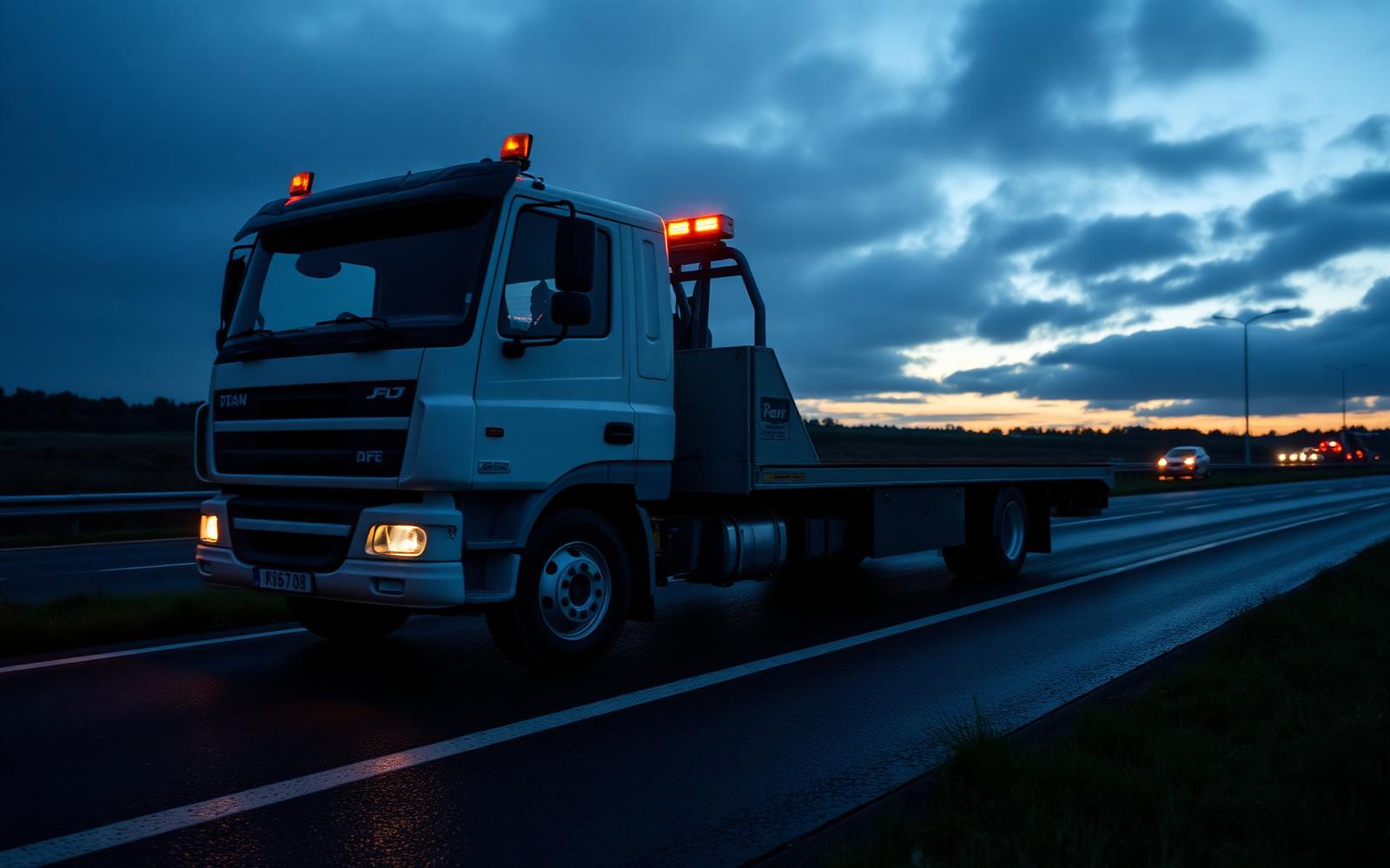 KS Vehicle Recovery white DAF flatbed truck on a Dublin motorway at dusk